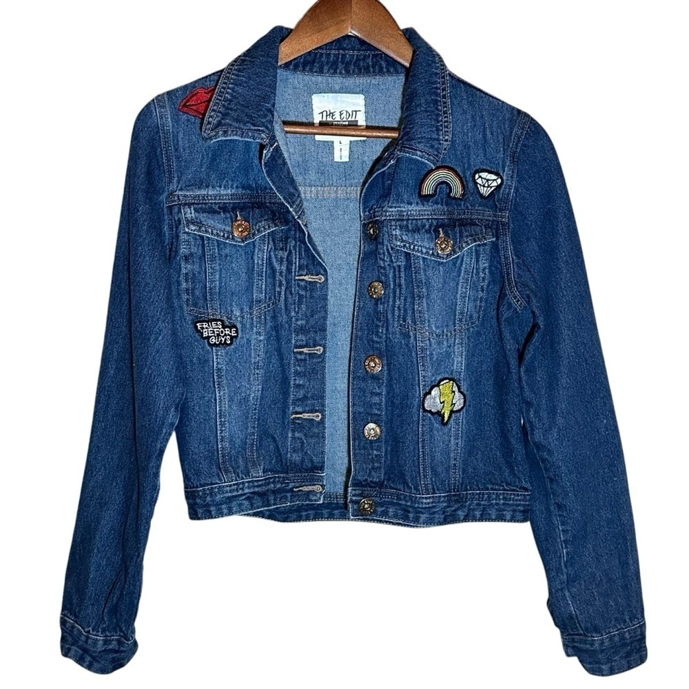 The Edit by Seventeen Button-Up Patch Denim Jean Jacket Girls Size Large